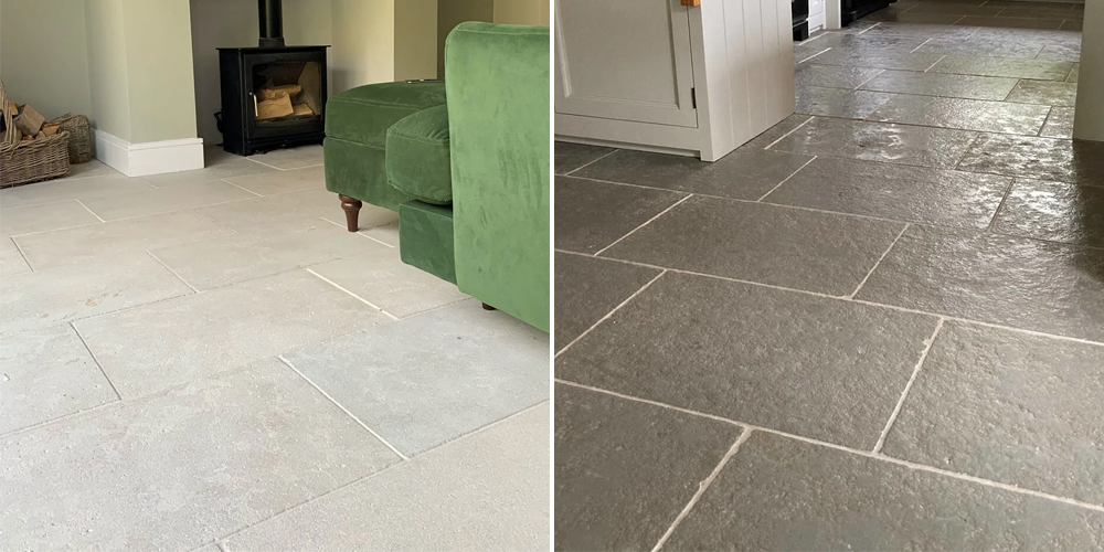 Light grey natural stone flooring in a living room